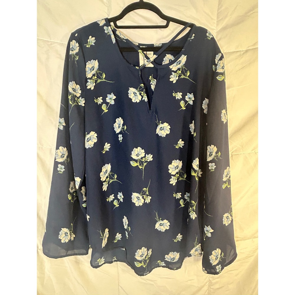 Haute Project Los Angeles Navy Floral Print V Neck‎ Long Sleeve Blouse XL